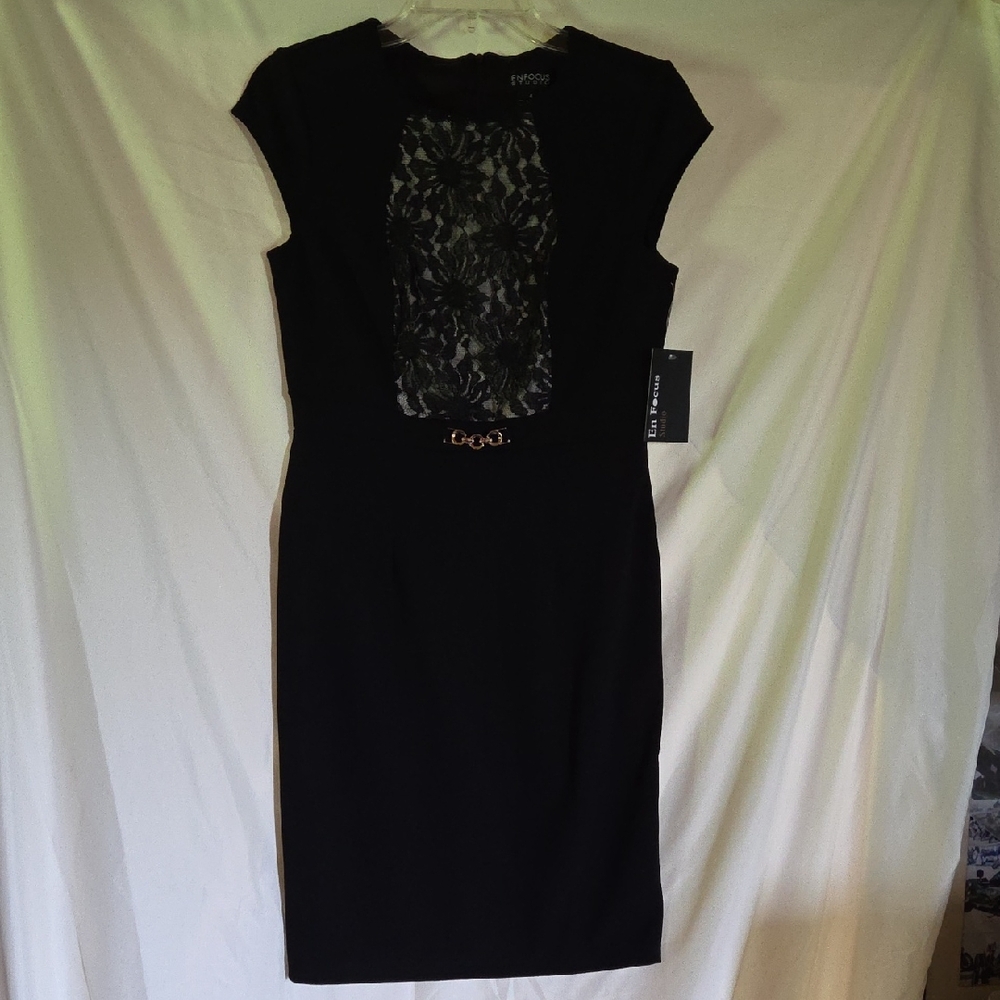 Enfocus Studio Black Midi Dress with Lace Accent SZ 4